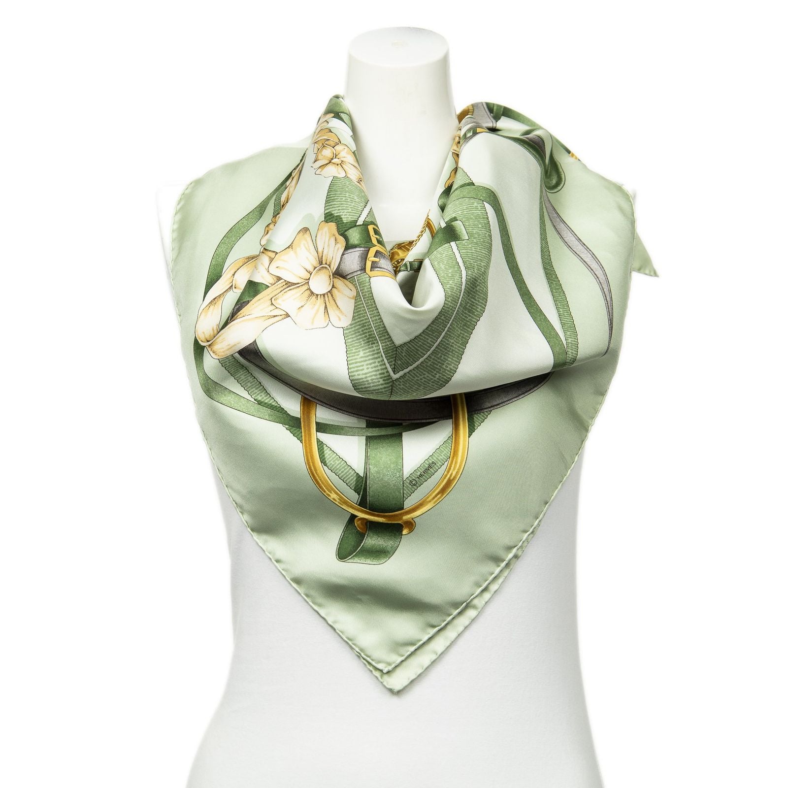 Hermes Scarf Green Gray 100% Twillsilk