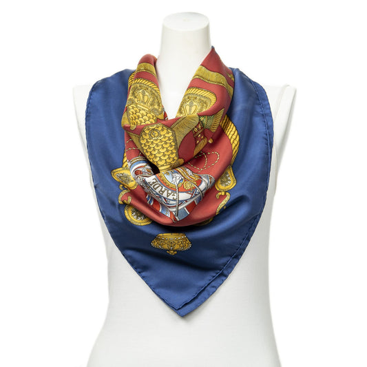Hermes Scarf Red Blue 100% Gold Twill Silk