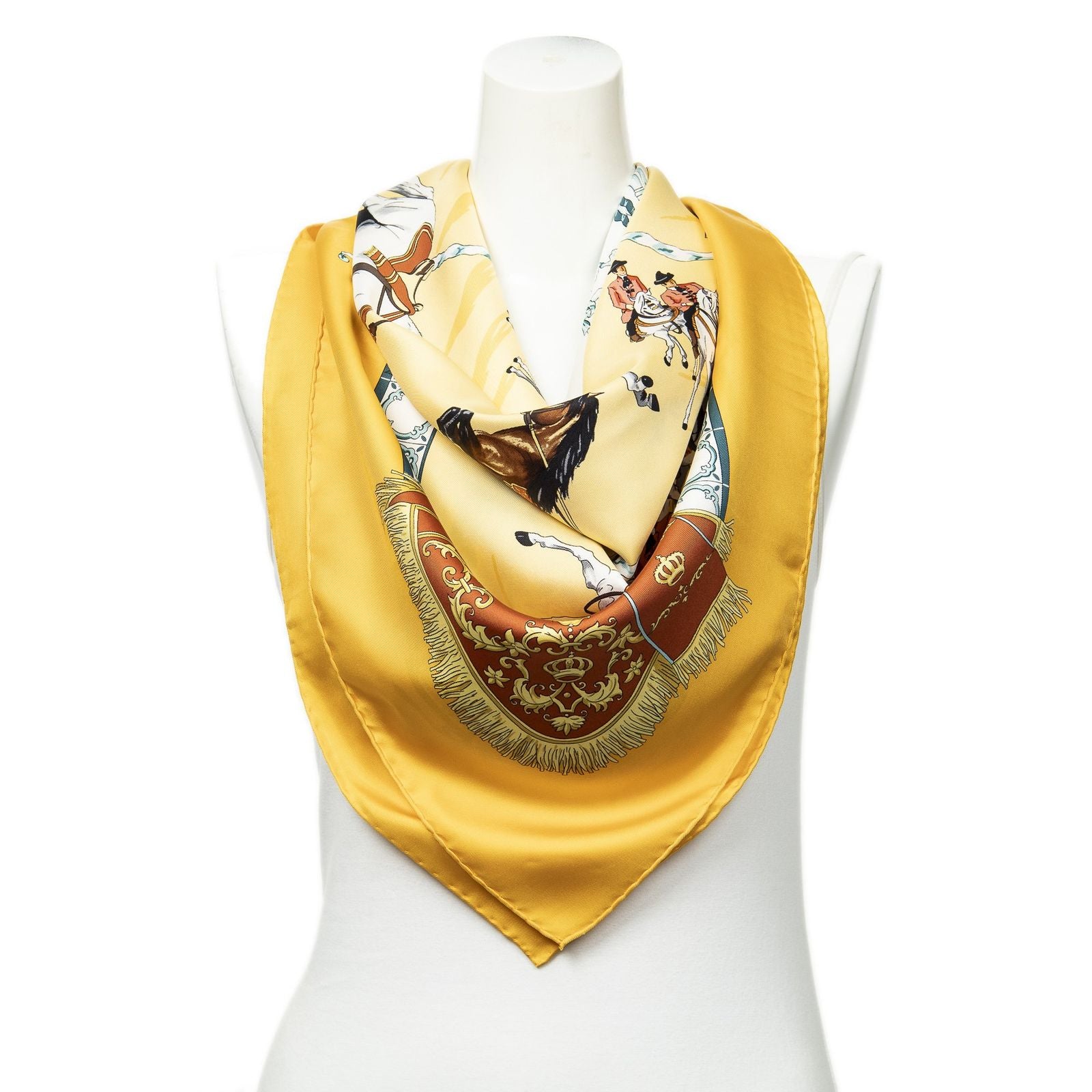 Hermes Scarf Yellow Brown Blue 100% Twillsilk