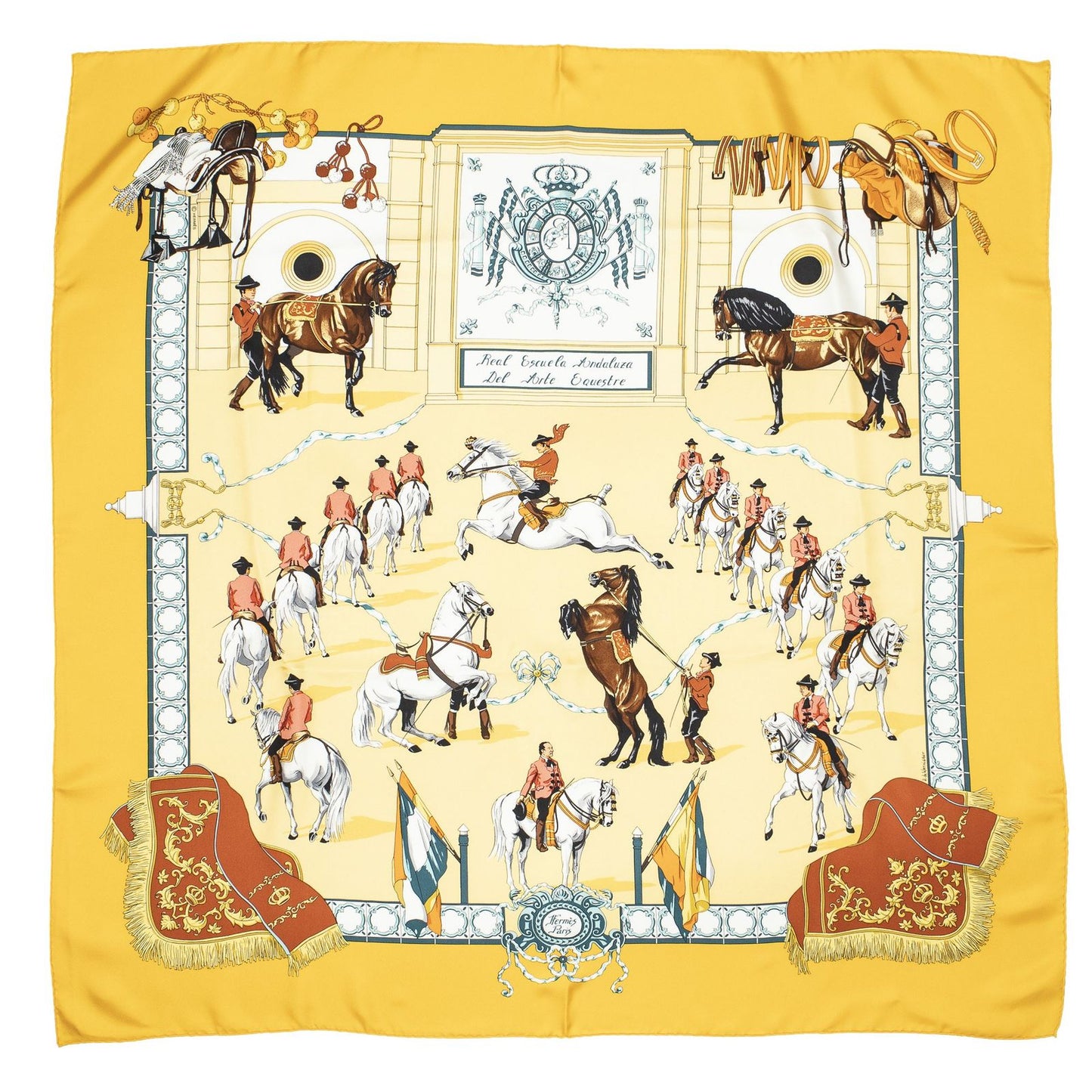 Hermes Scarf Yellow Brown Blue 100% Twillsilk — view 2