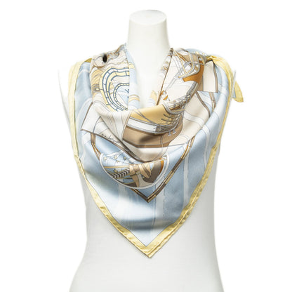 Hermes Scarf Light Blue Yellow Beige 100% Twillsilk