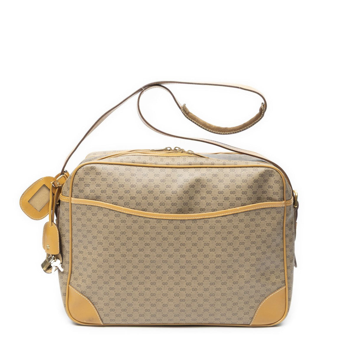 Gucci Vintage Flap Bag Messenger Tan Black Canvas