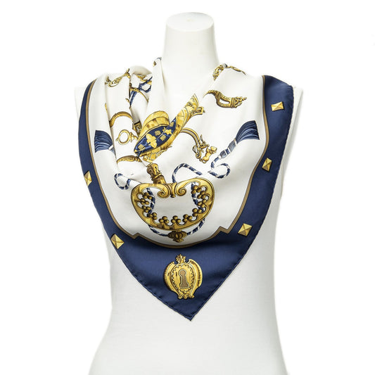 Hermes Scarf Navy Gold White Silk
