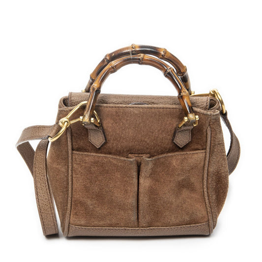 Gucci Vintage Mini Bamboo Top Handle Tote Bag Brown Suede Leather