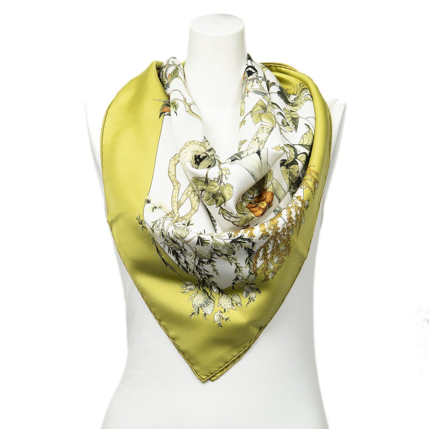 Hermes Scarf Green White Brown 100% Twillsilk