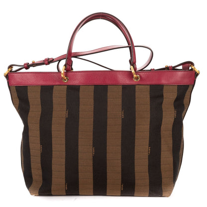 Fendi Medium Pequin Zip Tote Bag Brown Calfskin With Striped Canvas