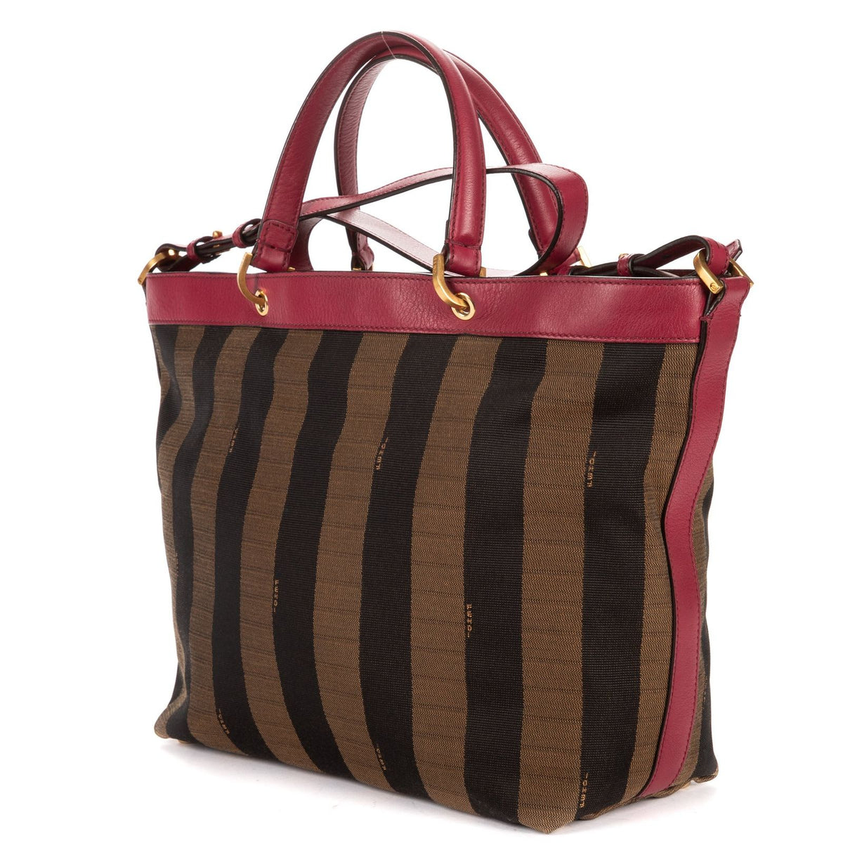 Fendi Medium Pequin Zip Tote Bag Brown Calfskin With Striped Canvas — view 2