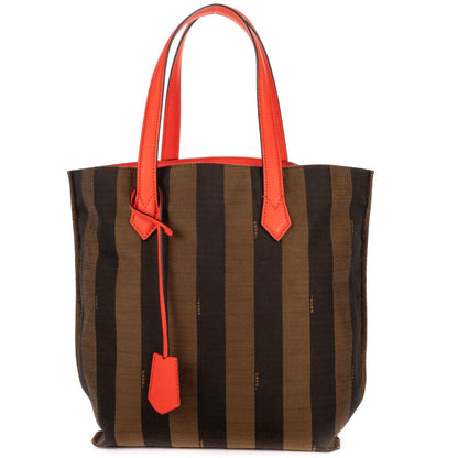 Fendi Pequin Colorblock Tote Bag Red Brown Stripe Pecan Canvas