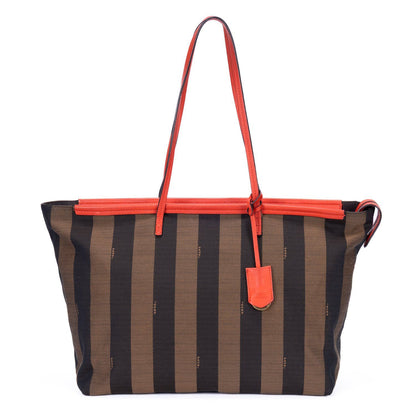 Fendi Roll Zip Tote Bag Brown Black Red Stripepecan Canvas