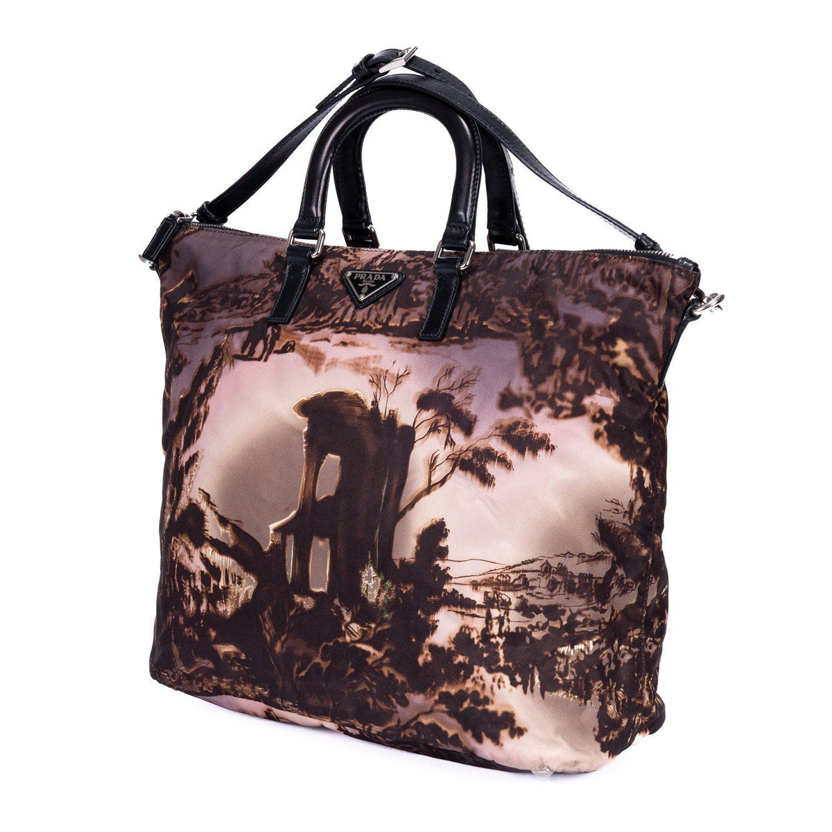 Prada Tessuto Nylon Temple Print Tote Bag Black Beige Printed Nylona — view 2