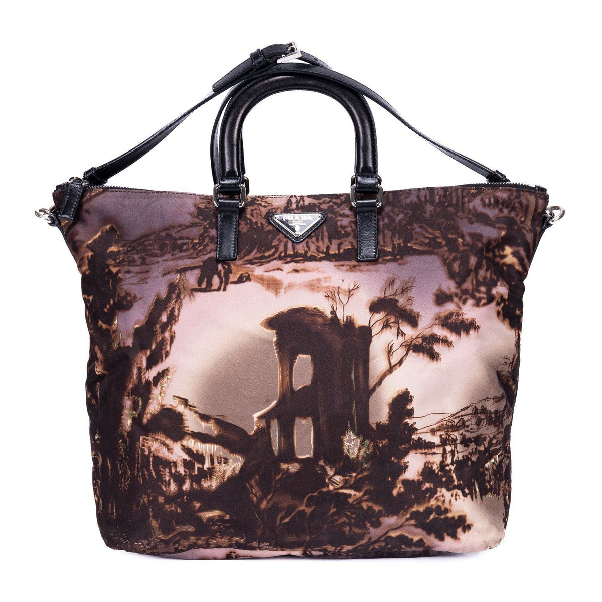 Prada Tessuto Nylon Temple Print Tote Bag Black Beige Printed Nylona