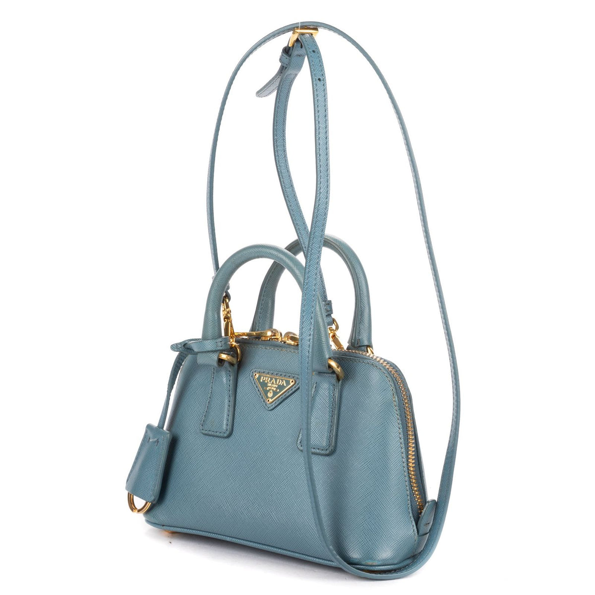 Prada Mini Promenada Blue Saffiano Luxe Leather Shoulder Bag — view 2