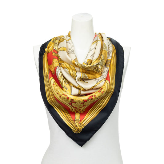 Hermes Scarf Beige Red Black Silk