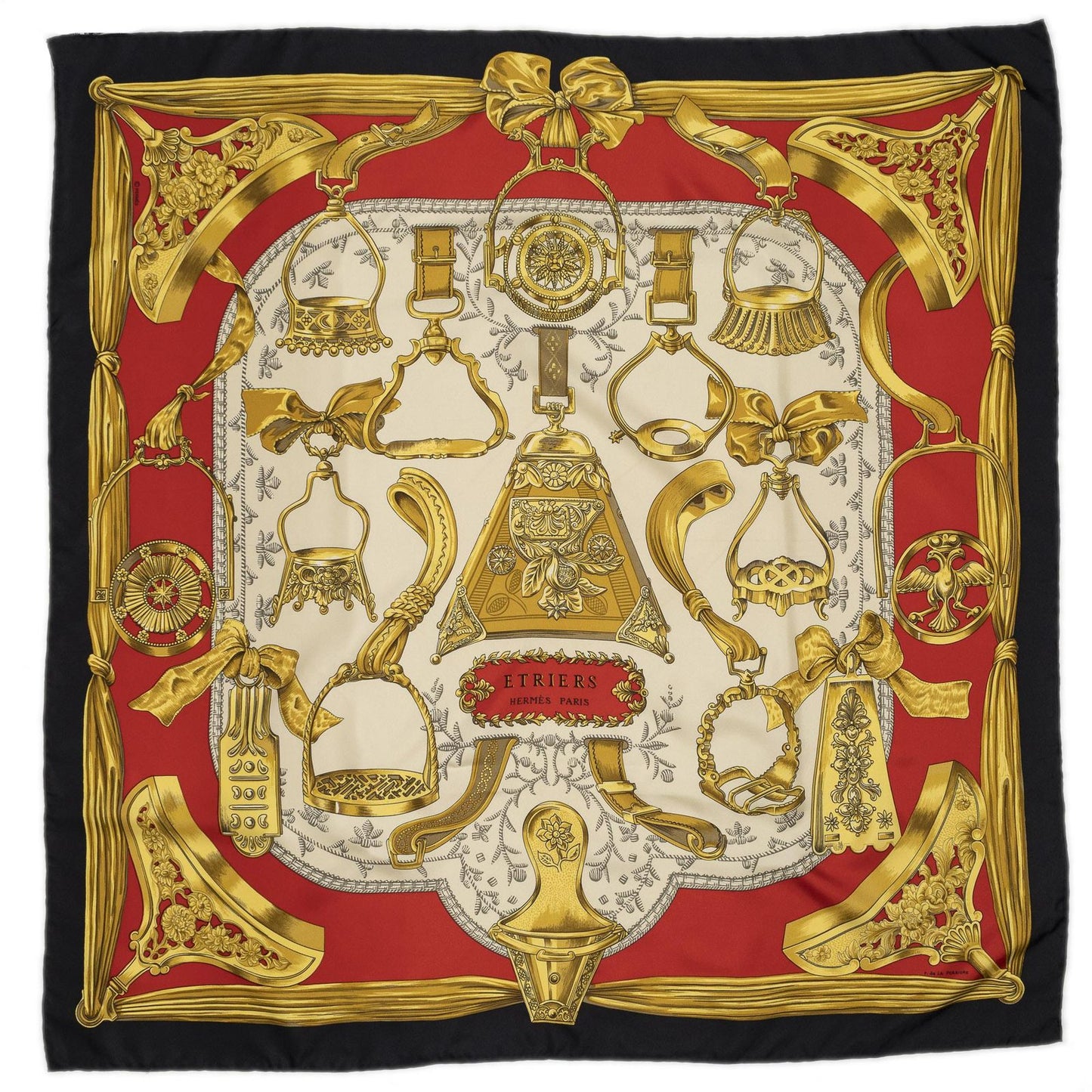 Hermes Scarf Beige Red Black Silk — view 2
