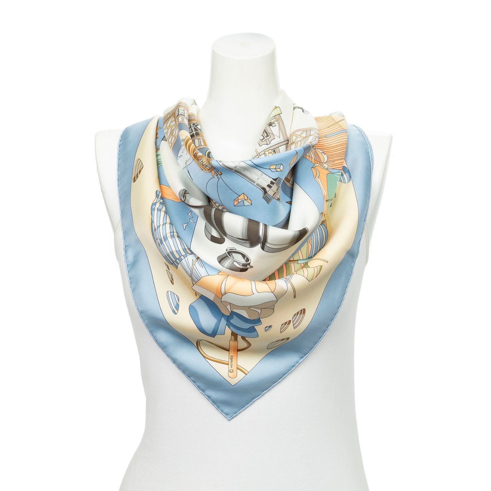 Hermes Scarf Light Blue Orange Ivory Silk