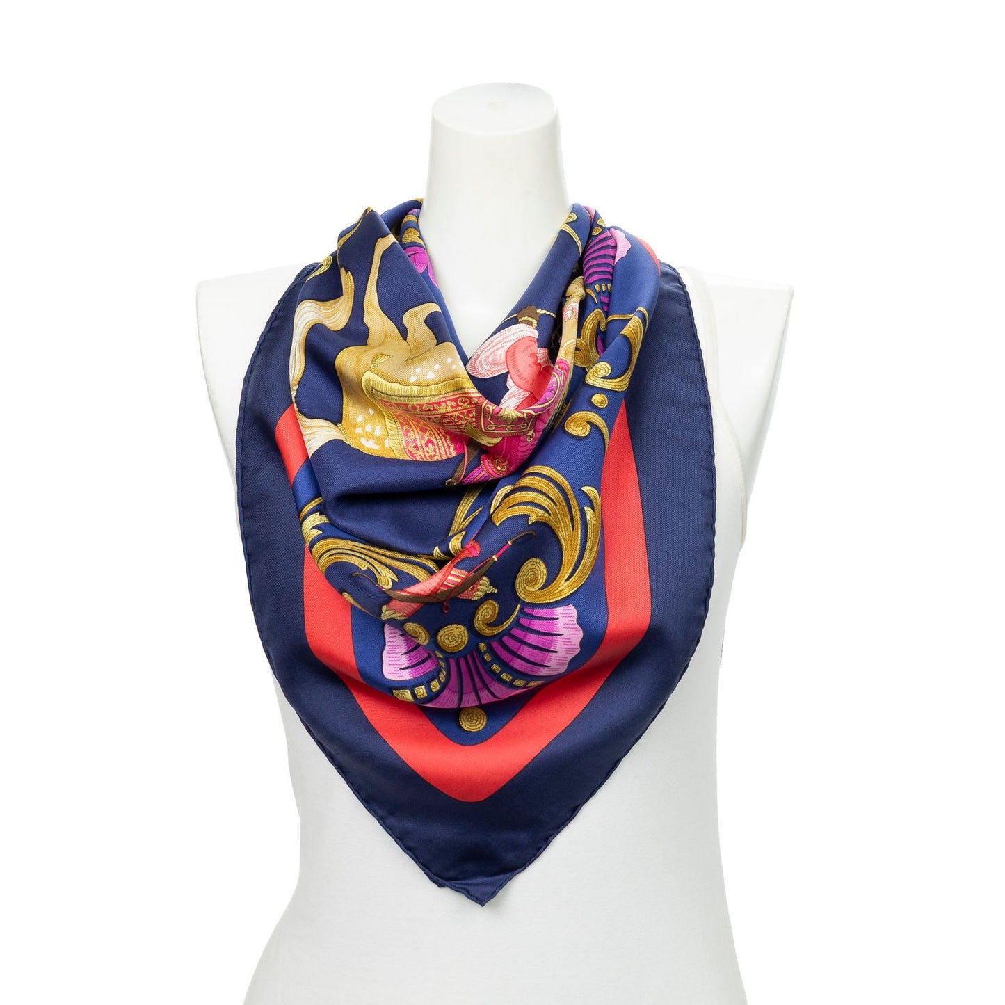 Hermes Scarf Navy Red 100% Gold Twill Silk