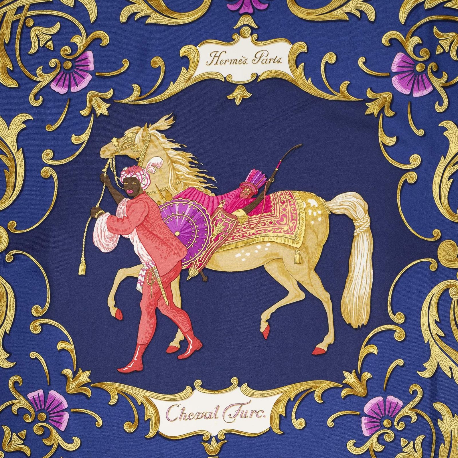 Hermes Scarf Navy Red 100% Gold Twill Silk — view 3