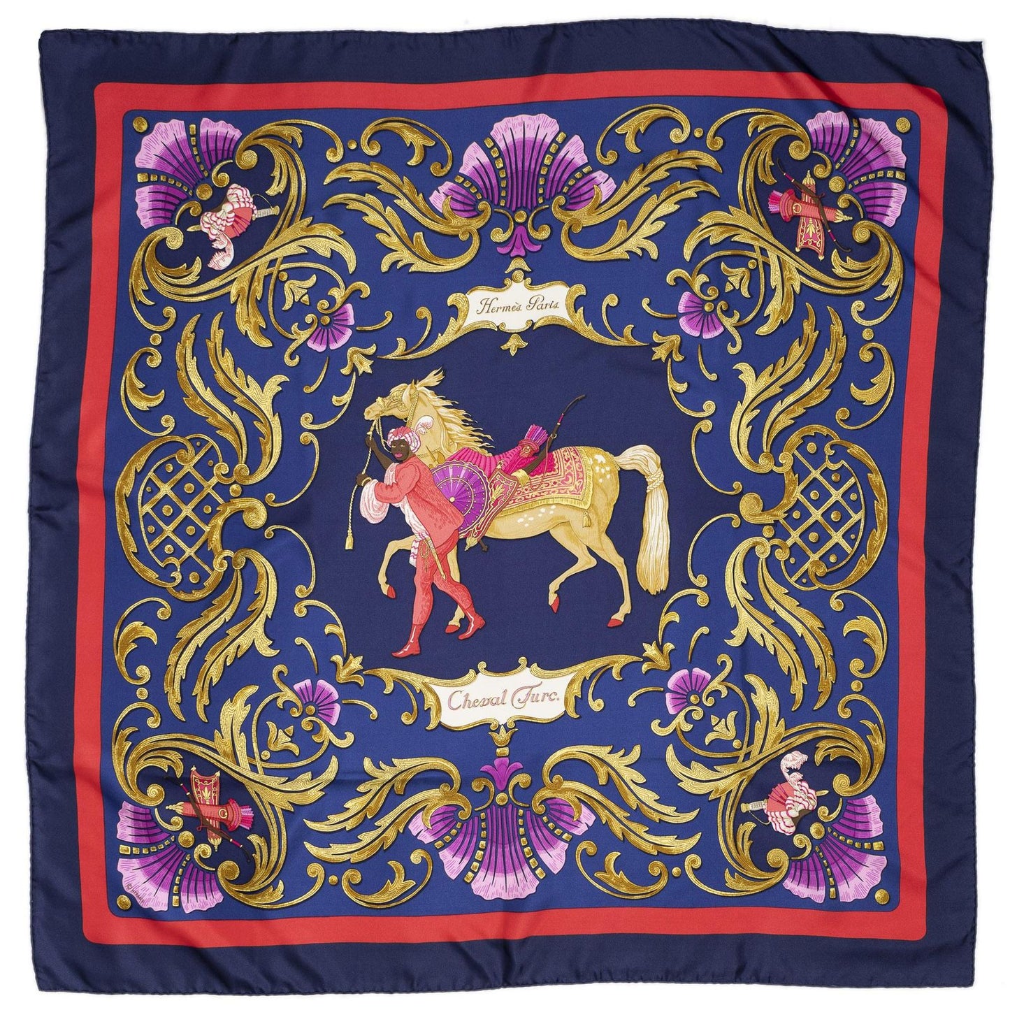 Hermes Scarf Navy Red 100% Gold Twill Silk — view 2