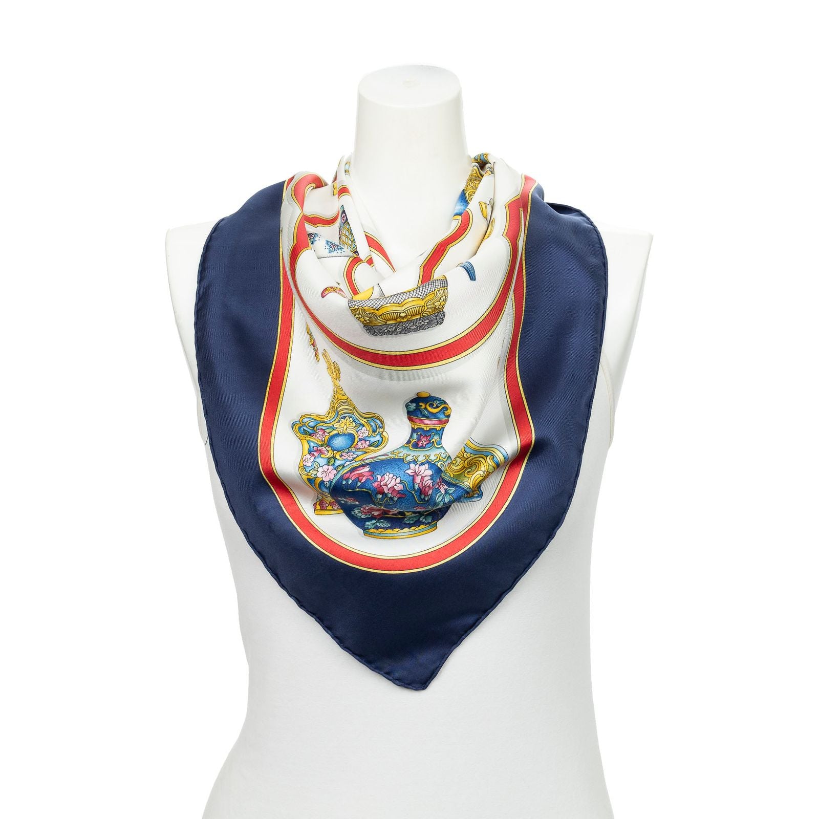 Hermes Scarf Navy Ivory Red Silk