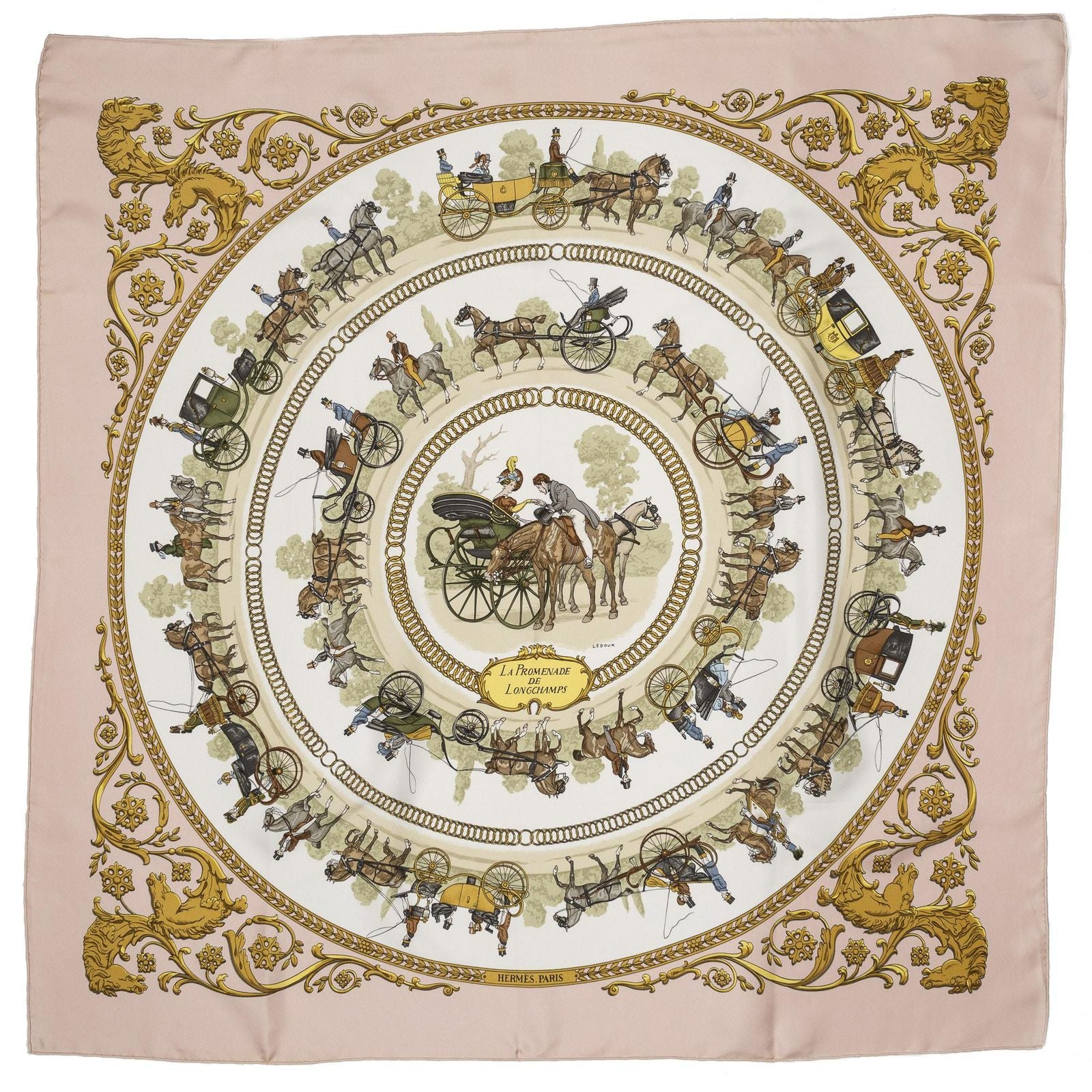 Hermes Scarf Light Pink Gold Green Silk — view 2