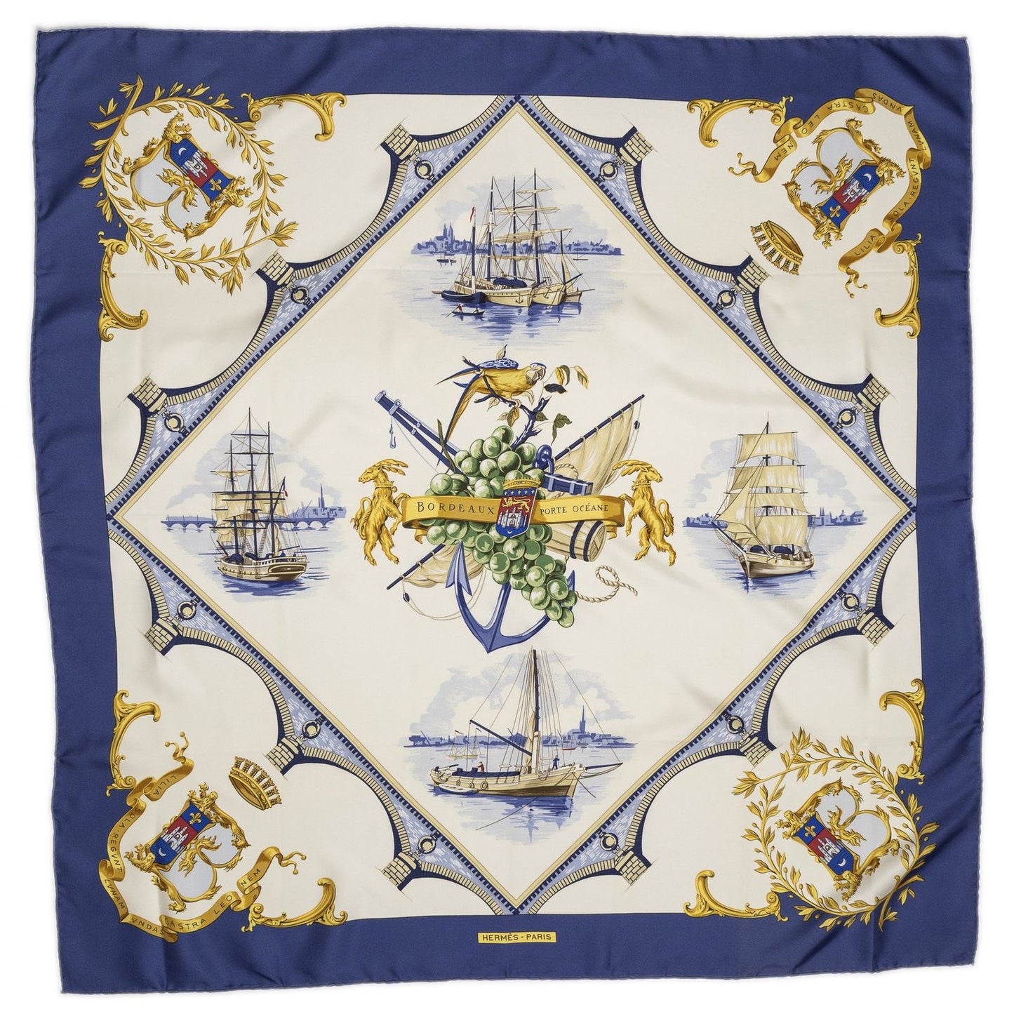 Hermes Scarf Blue Ivory Gold Silk — view 2