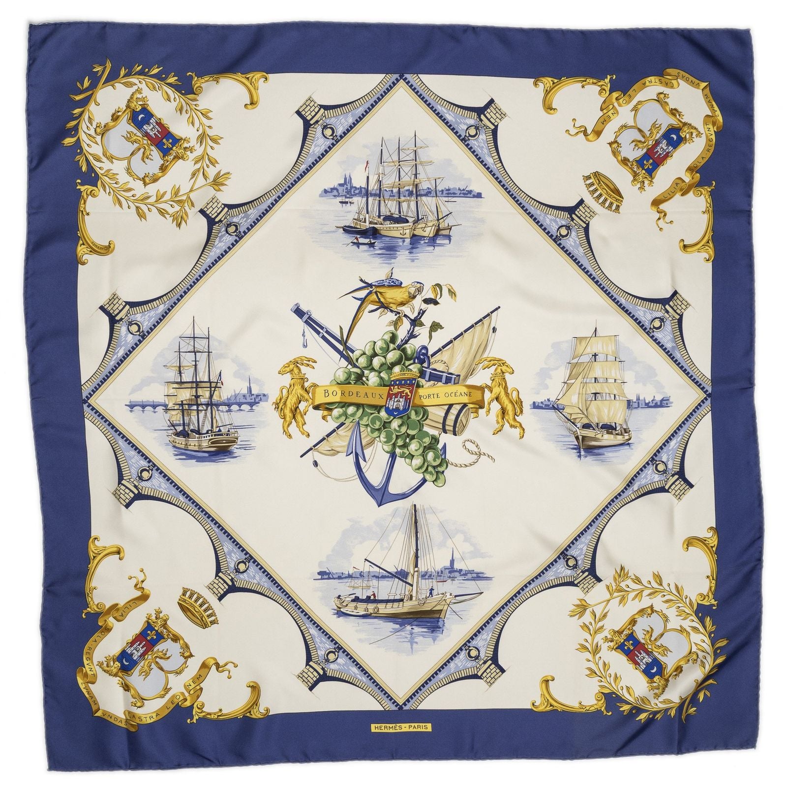 Hermes Scarf Blue Ivory Gold Silk — view 2