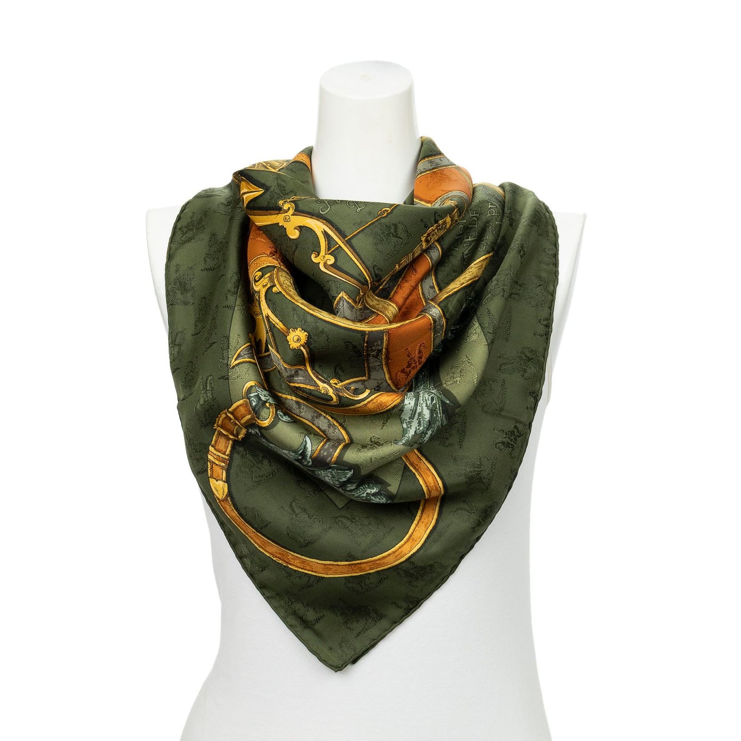Hermes Scarf Green Tan Gold 100% Jaca de Silk