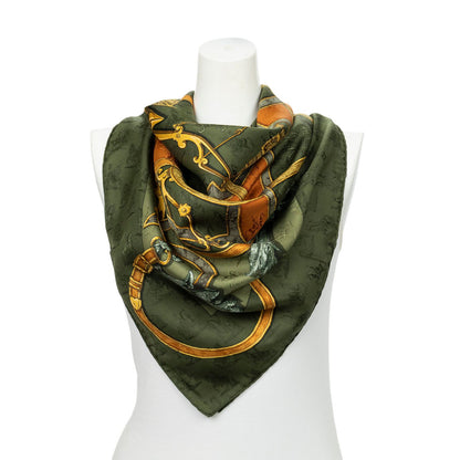 Hermes Scarf Green Tan Gold 100% Jaca de Silk