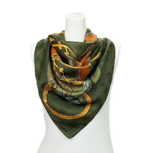 Hermes Scarf Green Tan Gold 100% Jaca de Silk