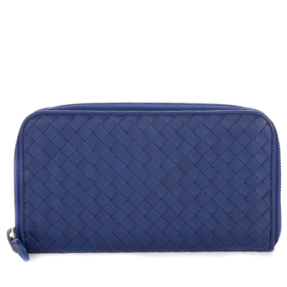 Bottega Veneta Zip Around Wallet Navy Intrecciato Calfskin Leathera