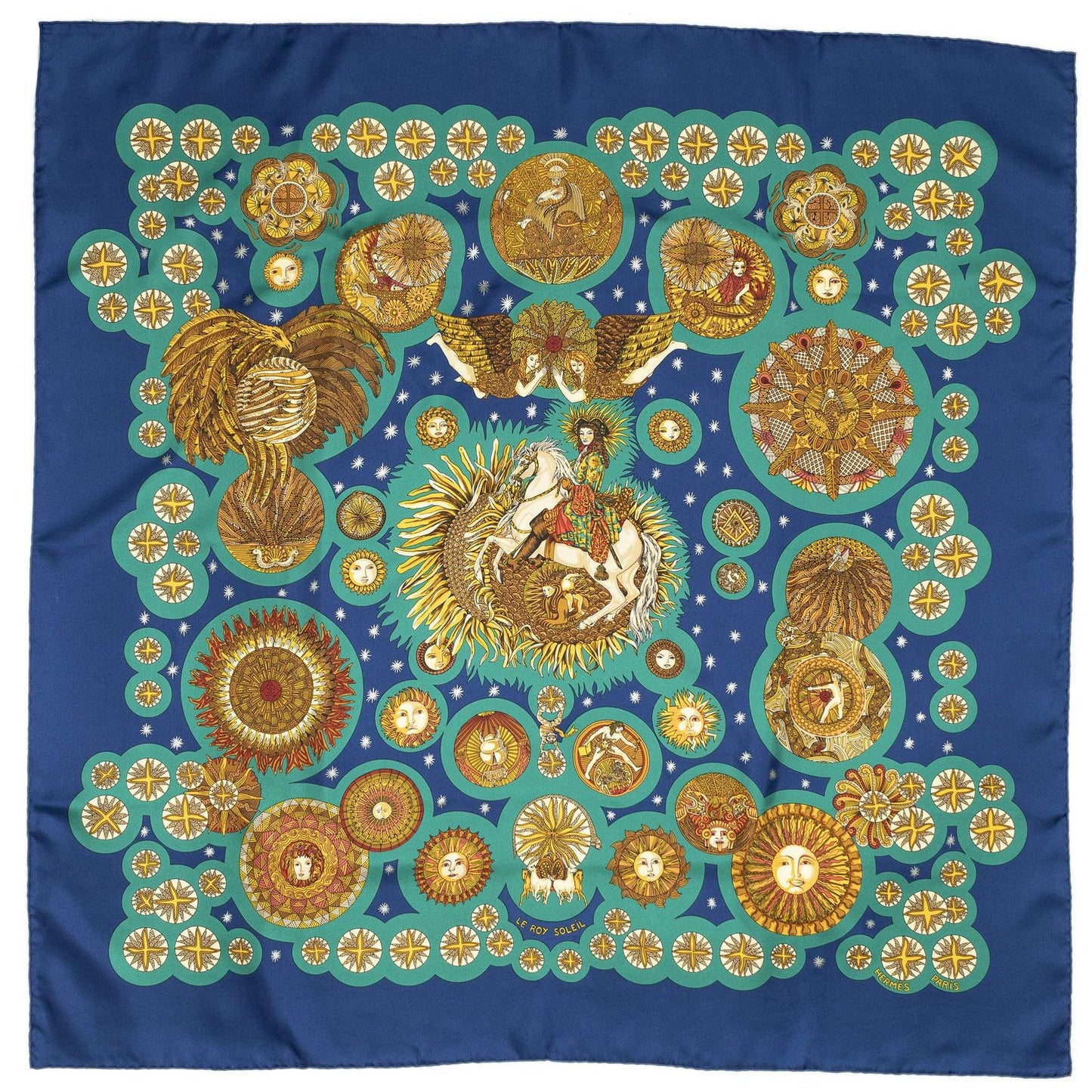 Hermes Scarf Navy Green 100% Gold Twill Silk — view 2