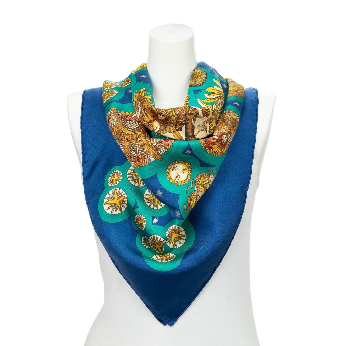 Hermes Scarf Navy Green 100% Gold Twill Silk