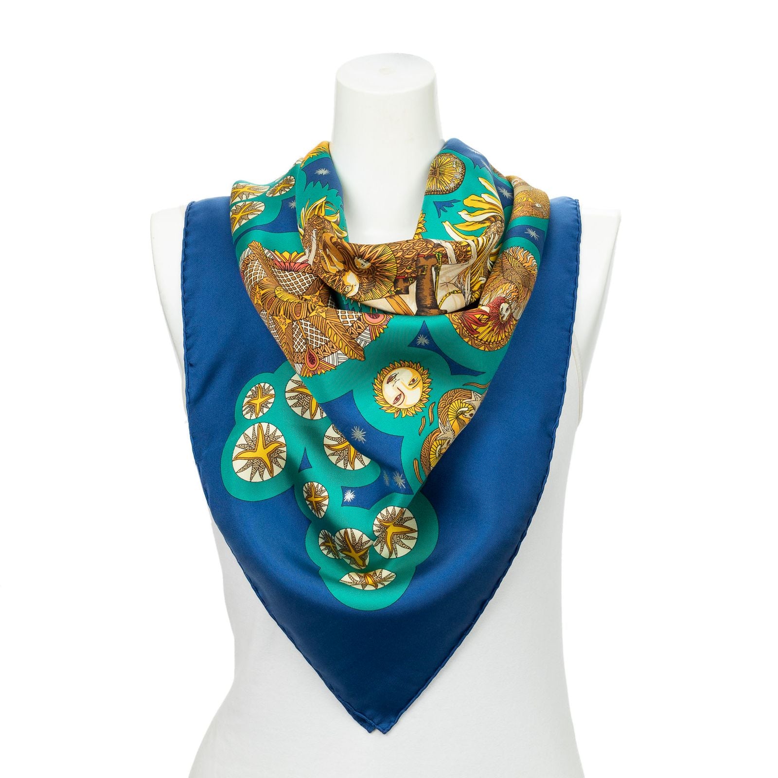 Hermes Scarf Navy Green 100% Gold Twill Silk