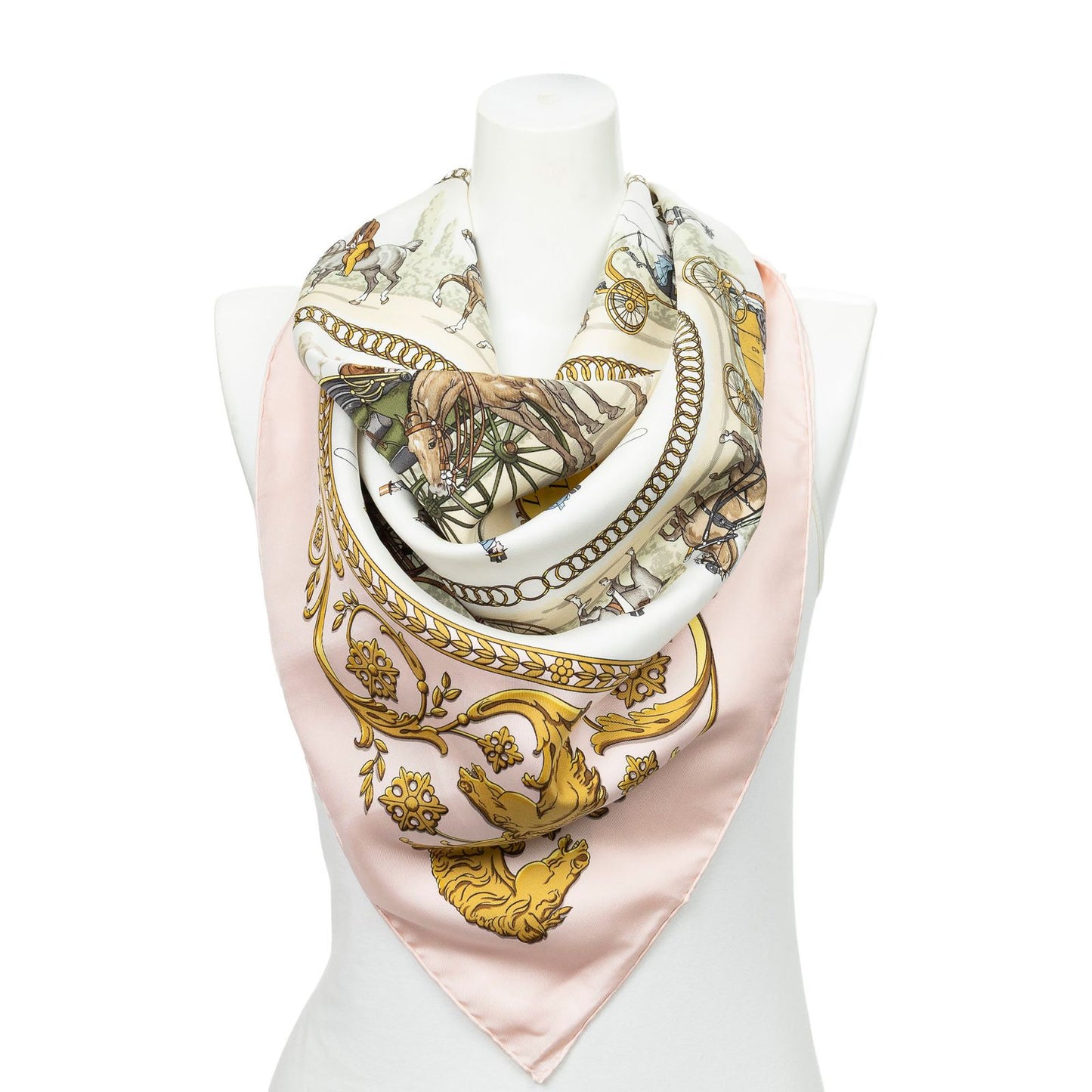 Hermes Scarf Light Pink Gold Green Silk