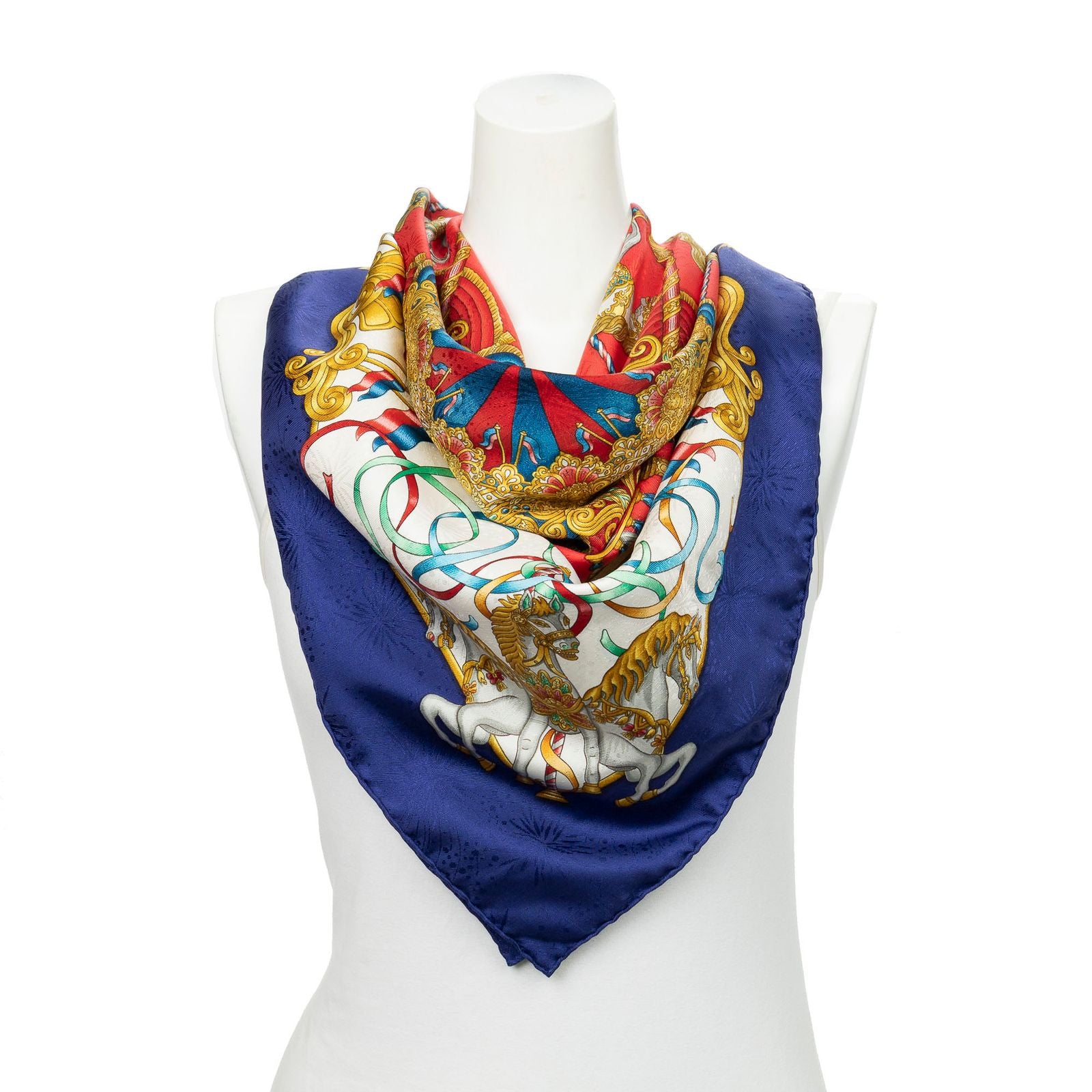 Hermes Scarf Royal Blue Red Gold Silk