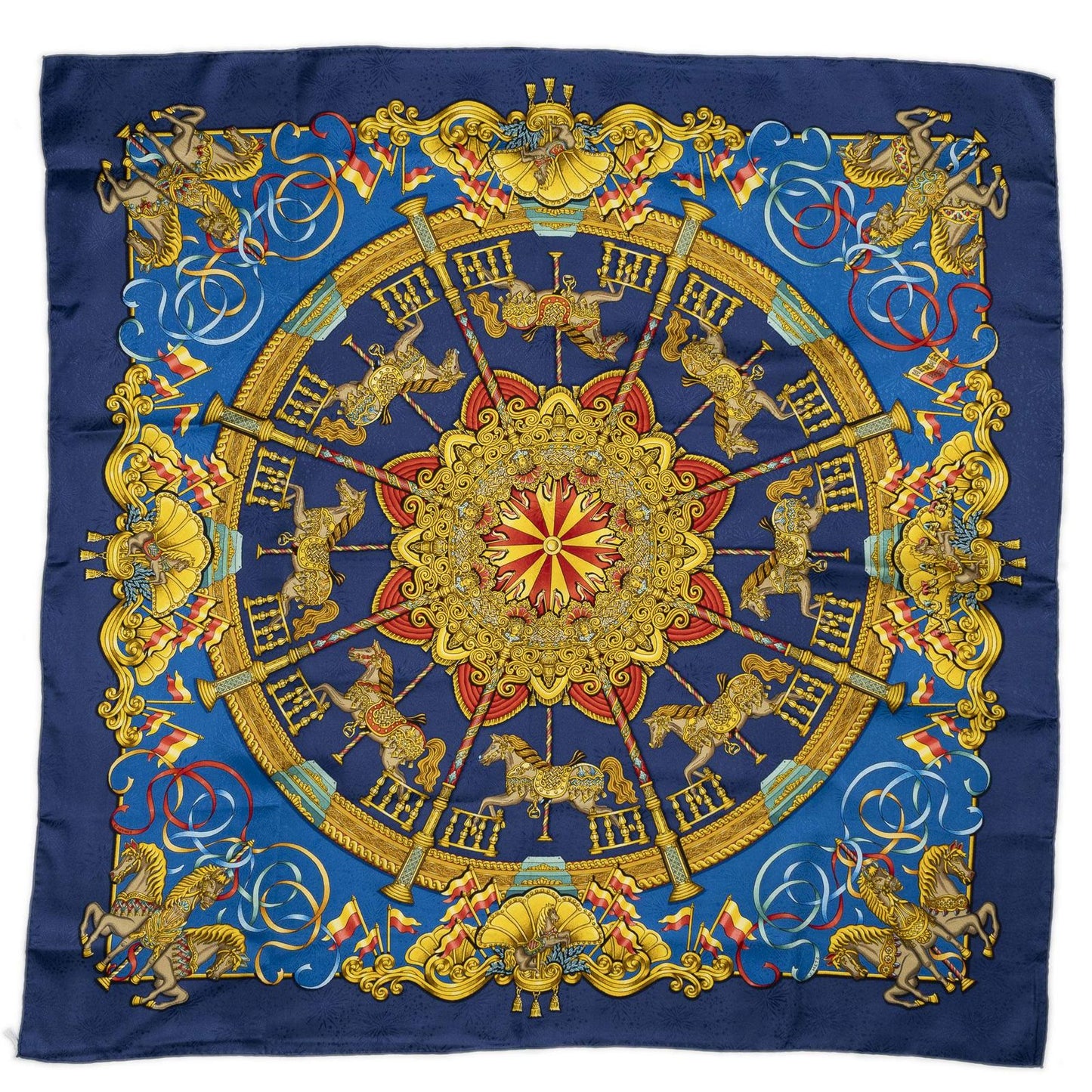 Hermes Scarf Navy Yellow Red 100% Silk — view 2