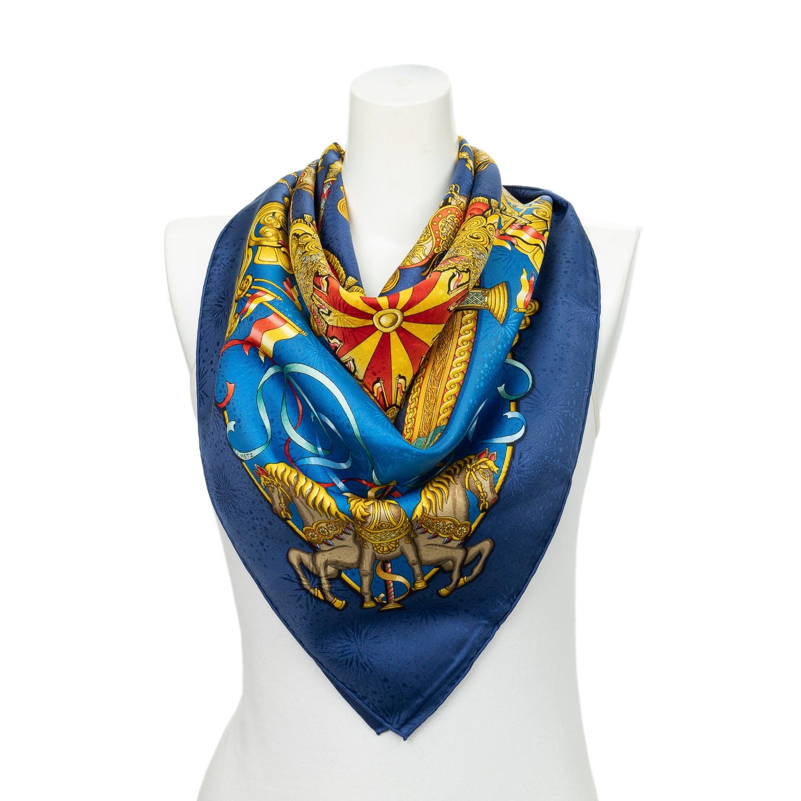 Hermes Scarf Navy Yellow Red 100% Silk
