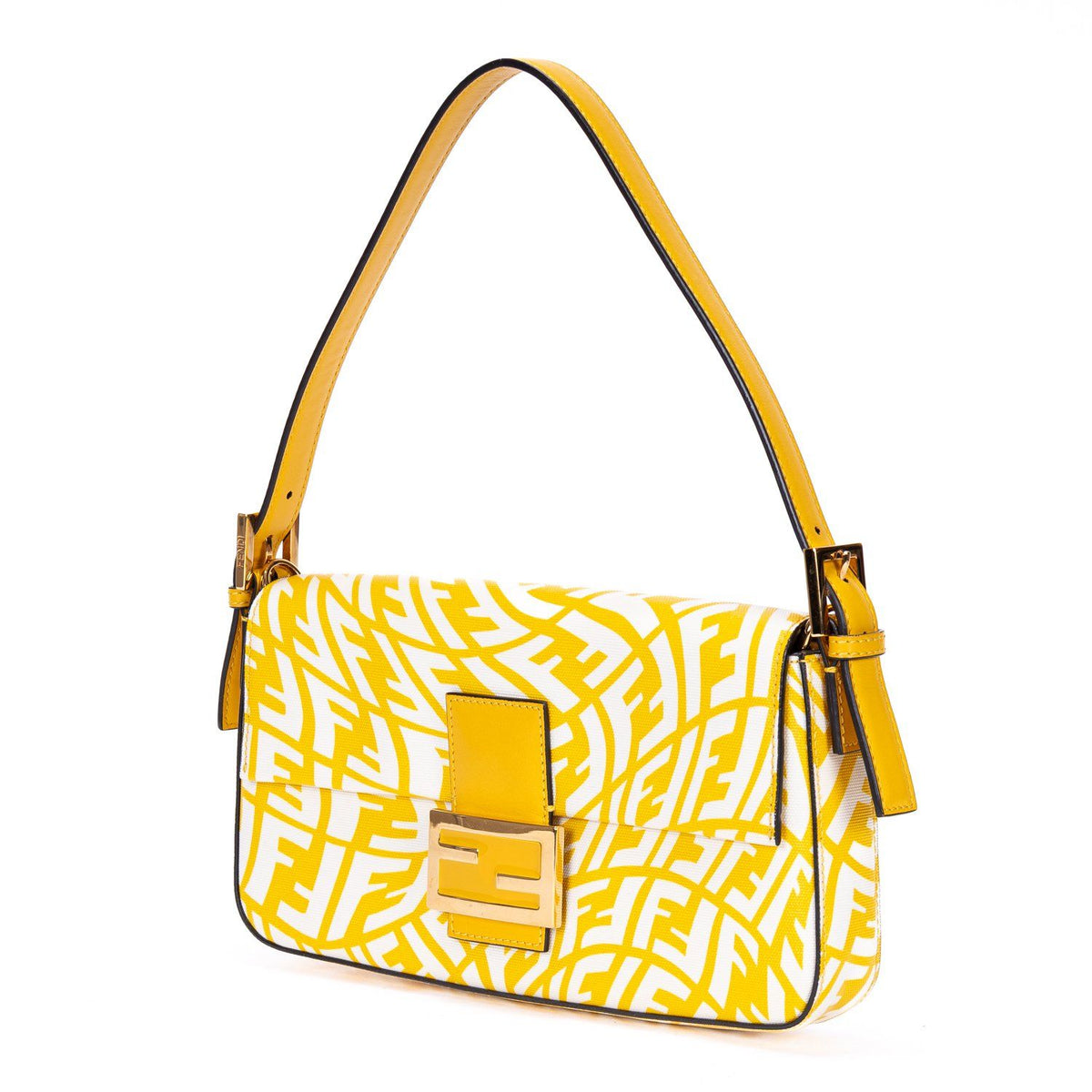 Fendi White Yellow Embossed FF Fabric Canvas Shoulder Bag — view 2