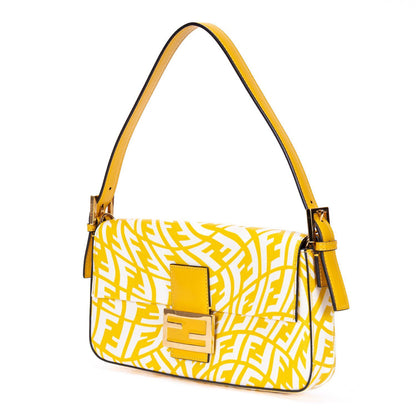Fendi White Yellow Embossed FF Fabric Canvas Shoulder Bag — view 2