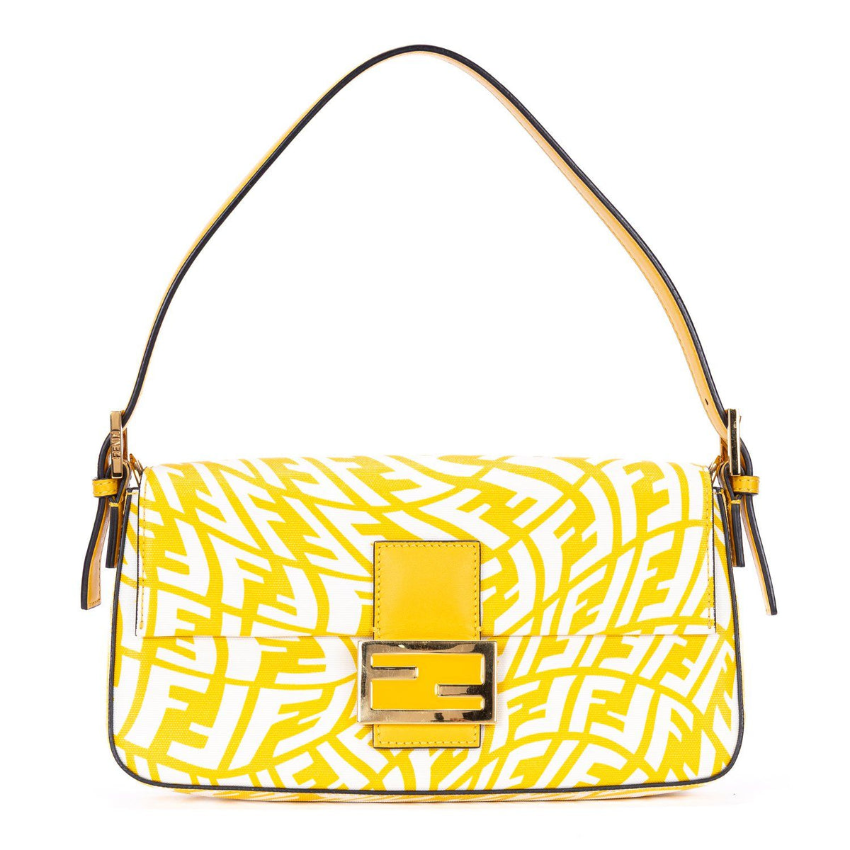 Fendi White Yellow Embossed FF Fabric Canvas Shoulder Bag