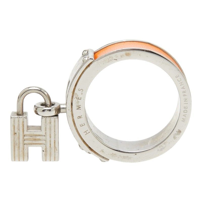 Hermes Kelly Cadena Motif Scarf Ring Silver Orange Metal Leather — view 6