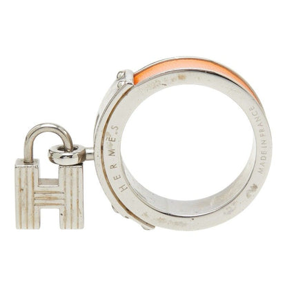 Hermes Kelly Cadena Motif Scarf Ring Silver Orange Metal Leather — view 6