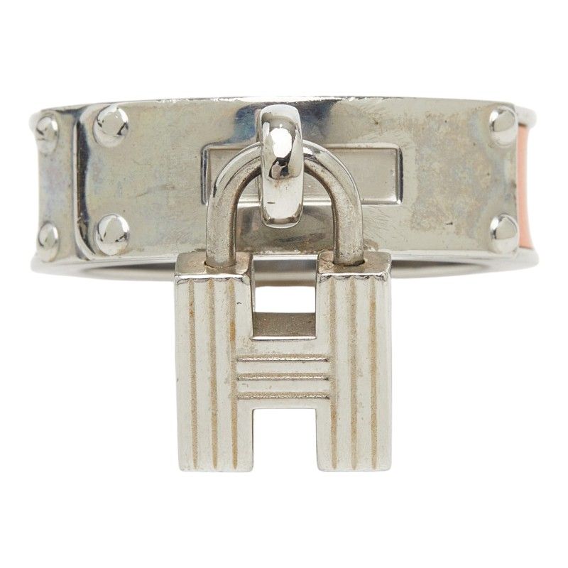 Hermes Kelly Cadena Motif Scarf Ring Silver Orange Metal Leather — view 2