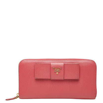 Prada Logo Ribbon Zip Around Wallet Pink Saffiano Leather