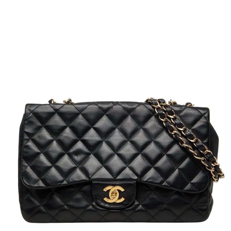 Chanel CC Logo Maxi Quilted 30 Single Flap Chain Shoulder Bag Black Gold