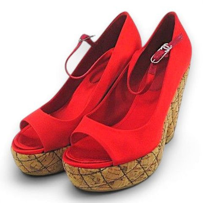 Chanel Satin Cork Wedge Sandals CC Logo