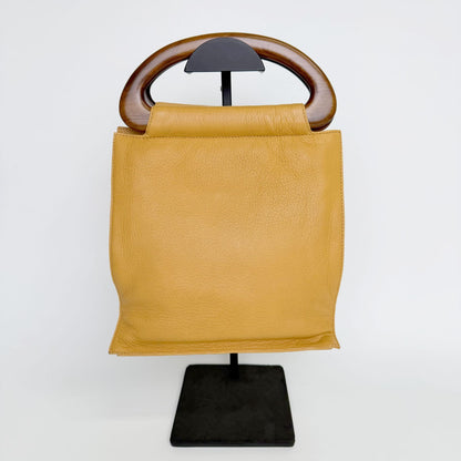 Chanel CC Logo Perforated Wood Handle Handbag Leather Yellow Brown Gold Vintage — view 4