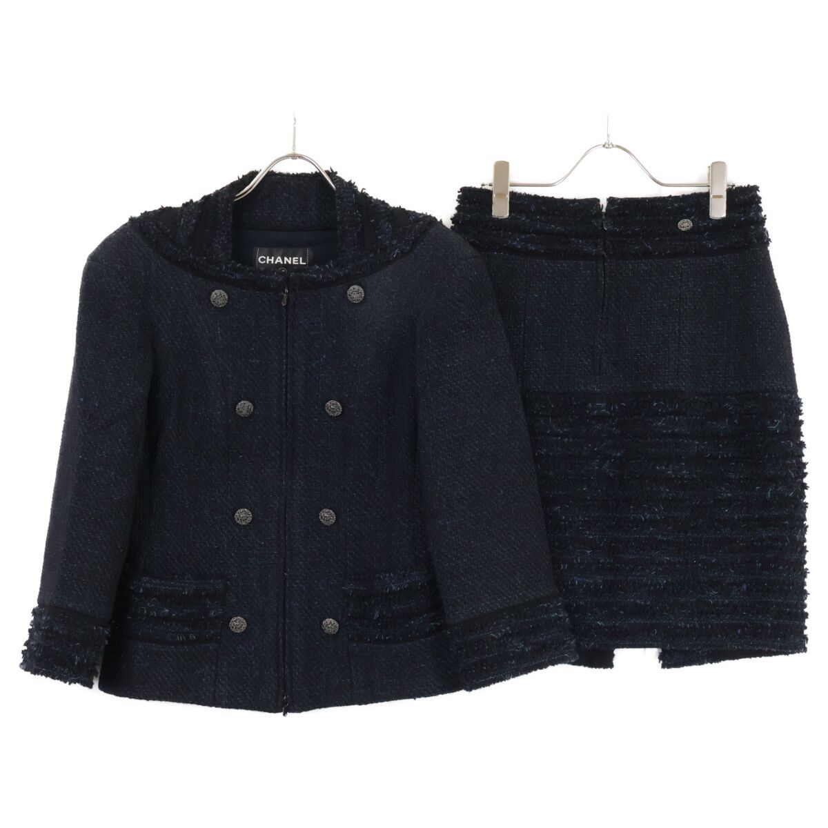 Chanel CC Logo Button Tweed Zip Up Jacket Skirt Set 36