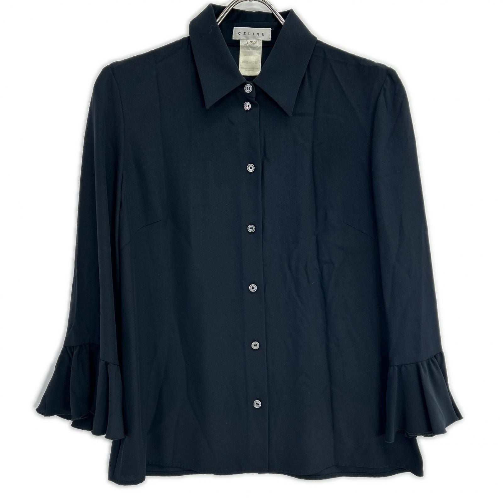 Celine Black Silk 100 Ruffle Sleeve Button Shirt Blouse 40