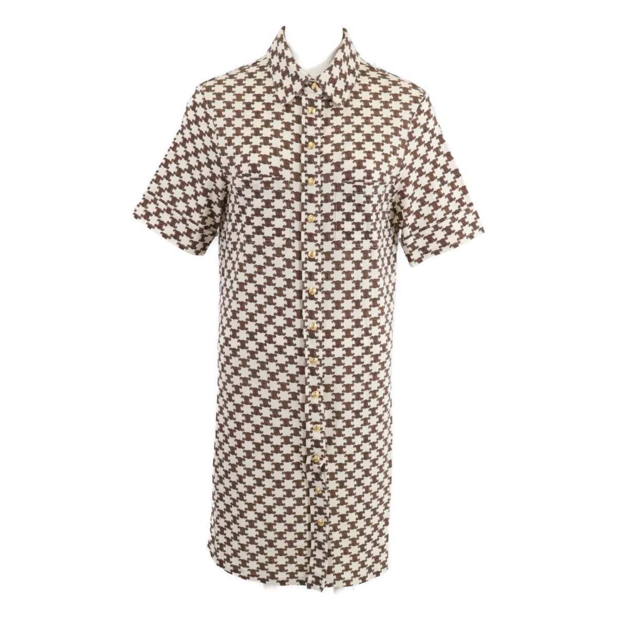 Celine Macadam All Over Pattern Wool Cashmere Front Button Short Sleeve Dress